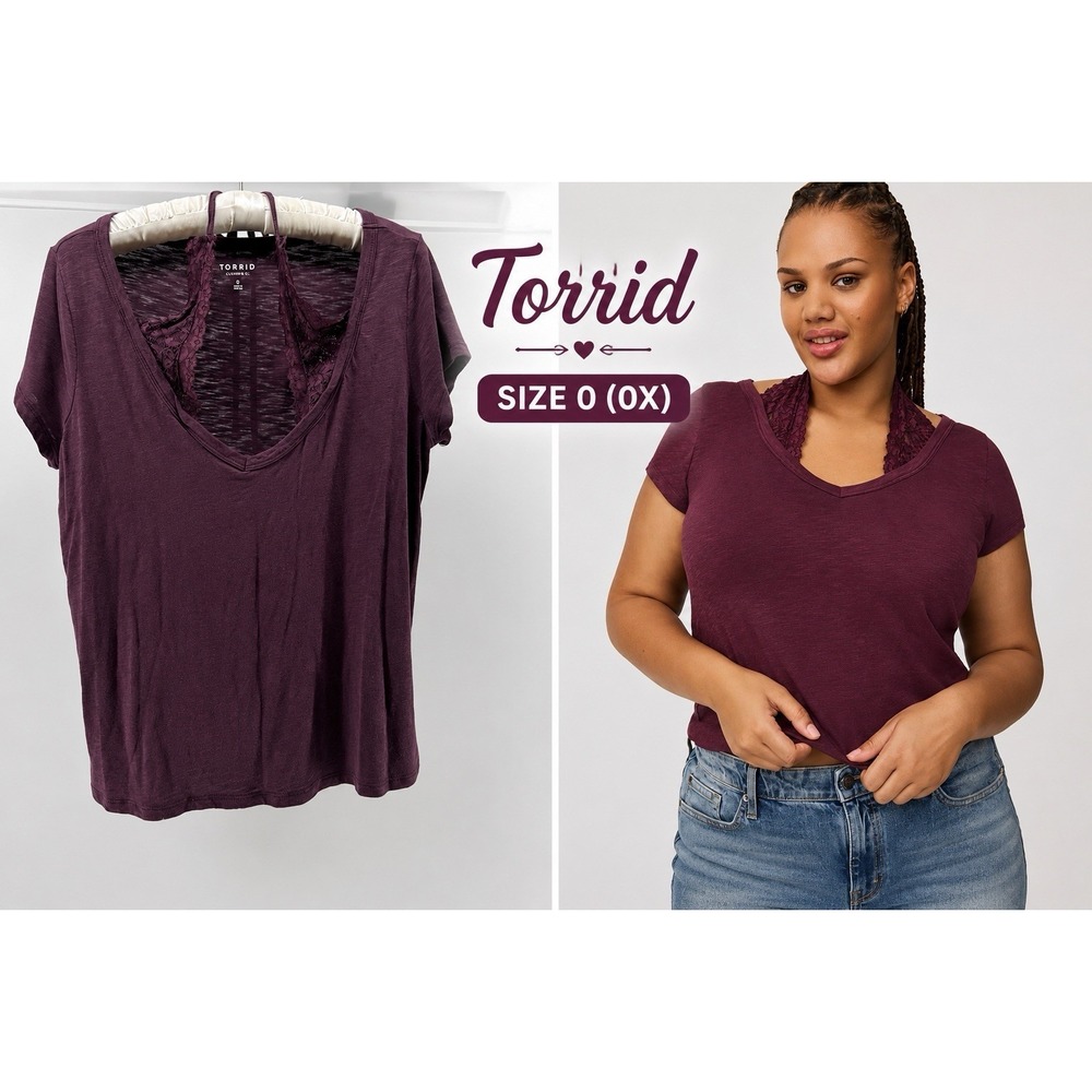 Torrid Size 0 (0X) Plum Lace Inset V Neck Slub Knit Top Tie Back Boho Casual